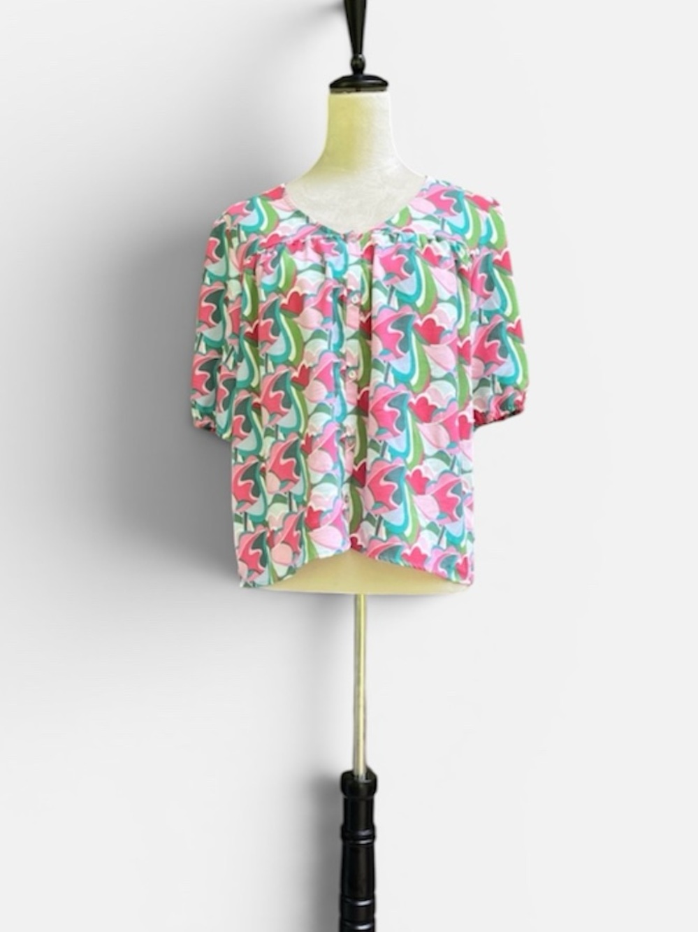 Michelle McDowell Abstract Floral Puff Sleeve Blouse Top in Pink/Green Sz M